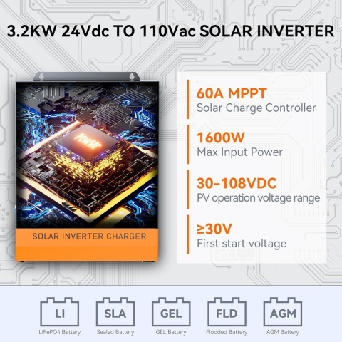 Inwerter solarny 3200W 24V → 110V/120V z MPPT 60A | Hybrydowy, czysta fala sinusoidalna